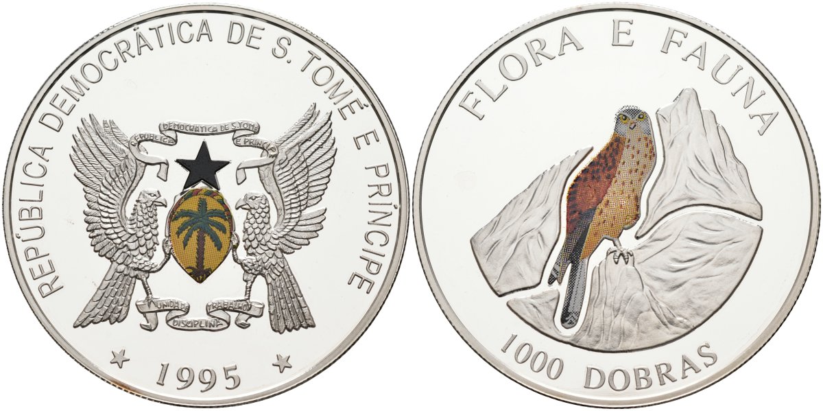 Сан-Томе и Принсипи 1000 добра 1995 серия флора и фауна, птичка, цветная эмаль, тираж 15000 экз. KM 76 серебро PROOF 1098-1-12