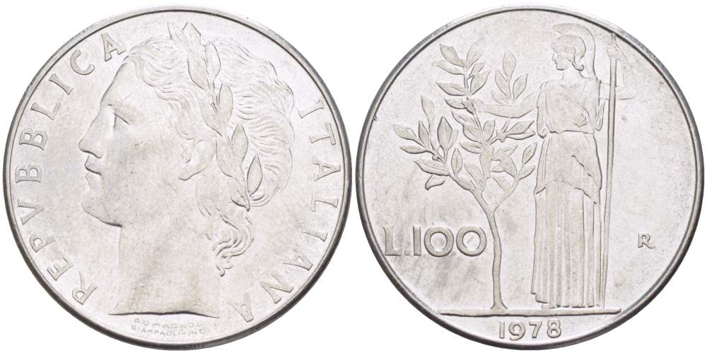 ИТАЛИЯ 100 ЛИР 1978 R, АФИНА, ДИАМЕТР 28 ММ. KM 96.1 нержавеющая сталь 4389-541