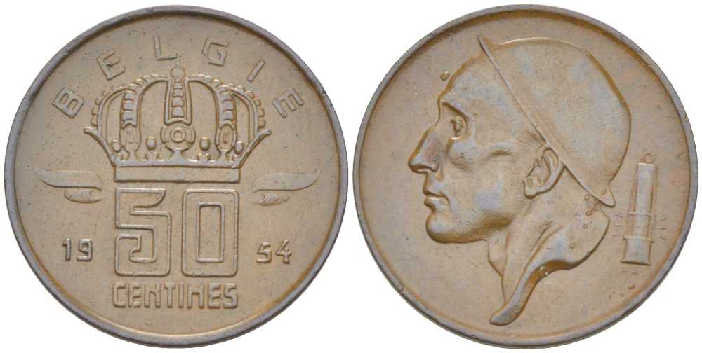 БЕЛЬГИЯ 50 САНТИМОВ 1954 BELGIE, БОДУЭН I (1951-1993) KM 145 бронза 214-161