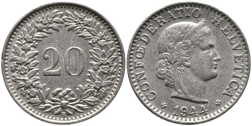 ШВЕЙЦАРИЯ 20 РАППЕНОВ 1944 В KM 29а медно-никель 4539-544