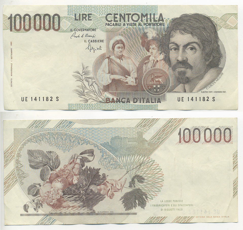 Италия 100000 лир 1983 Караваджо, фруктовый букет, подпись Stevani Pick 110а бумага 7220-7-2