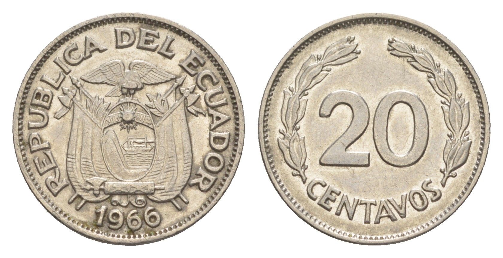 Эквадор 20 сентаво 1966 KM 77.1c сталь плакированная никелем 4643-1219