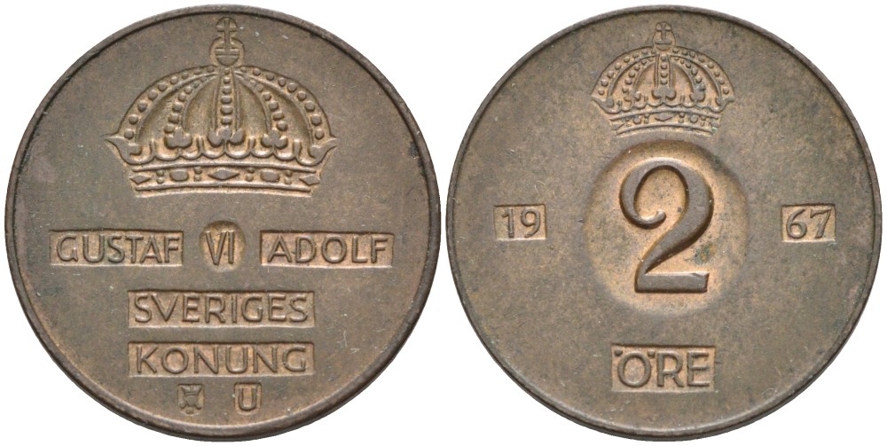 Швеция 2 эре 1967 U, Густав VI Адольф (1950-1973) KM 821 бронза 4364-1147
