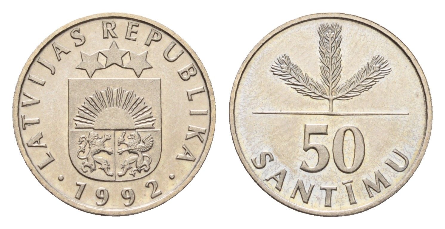 Латвия 50 сантимов 1992 KM 13 медно-никель UNC 4679-317