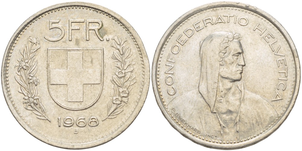 Швейцария 5 франков 1968 В, первый год KM 40а.1 медно-никель 4531-834