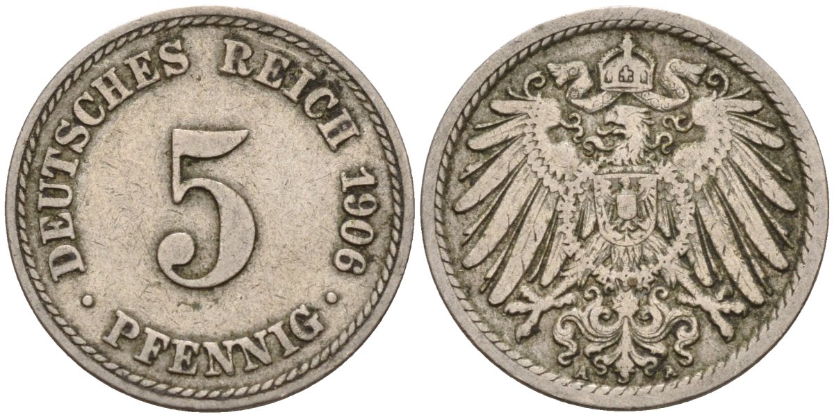 Германия 5 пфеннигов 1906 F KM 11, J. 12 медно-никель 4151-456