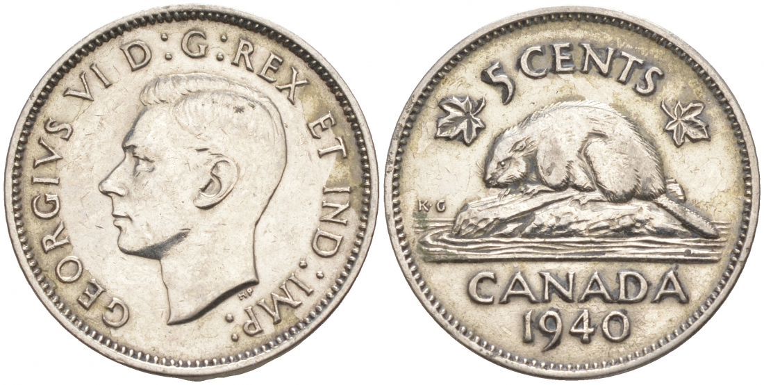 Канада 5 центов 1940 бобр, Георг VI (1937-1952) KM 33 никель 73-1155
