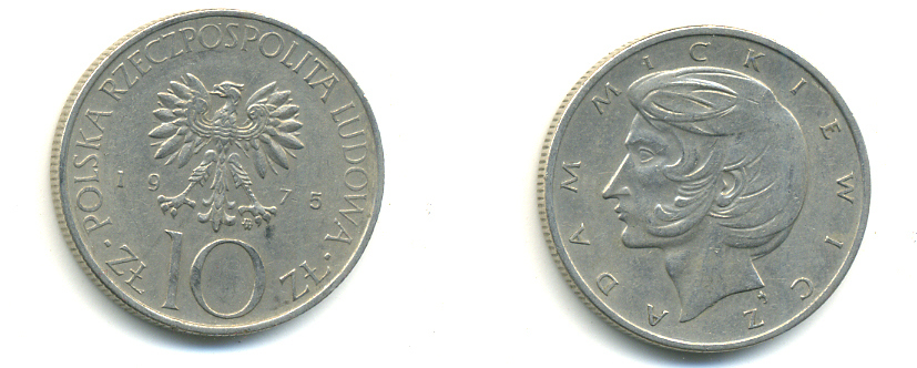 Польша 10 злотых 1975 MW, Адам Мицкевич (1798-1855) KM 74, Parchimowicz 242a медно-никель 176-1016
