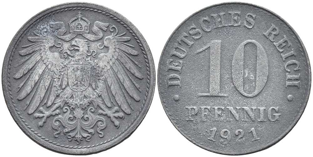 ГЕРМАНИЯ 10 ПФЕННИГОВ 1921 KM 26, J. 299 цинк 4401-212