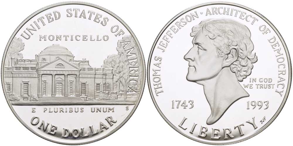 США 1 доллар 1993 S, 250 лет со дня рождения Томаса Джефферсона KM 249 серебро PROOF 00-00