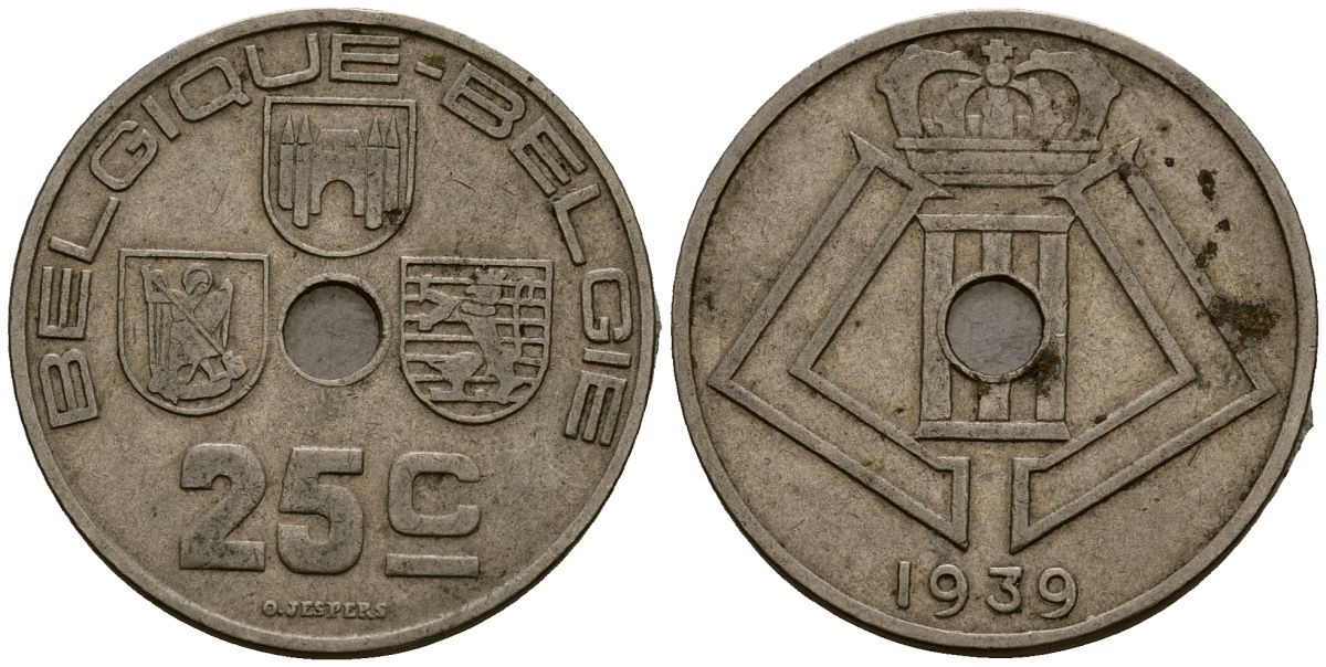 Бельгия 25 сантимов 1939 Belgique - Belgie KM 114 никель латунь 4382-446
