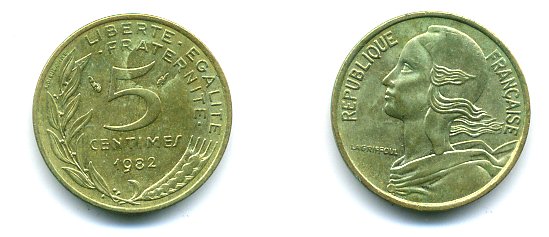 ФРАНЦИЯ 5 САНТИМОВ 1982 ТИП MARIANNE КМ 933 медь алюминий никель 3999-635