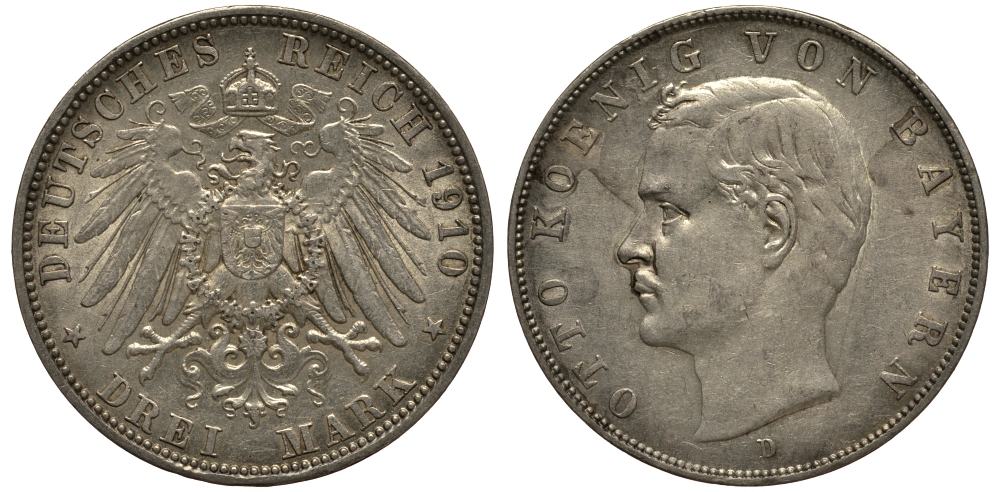 Бавария 3 марки 1910 Отто (1886-1913) Weege 45, J. 47, KM 515 серебро 3711-1942