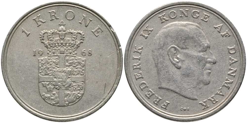 ДАНИЯ 1 КРОНА 1968 C; S, ФРЕДЕРИК IX (1947-1972) KM 851.1 медно-никель 24-742