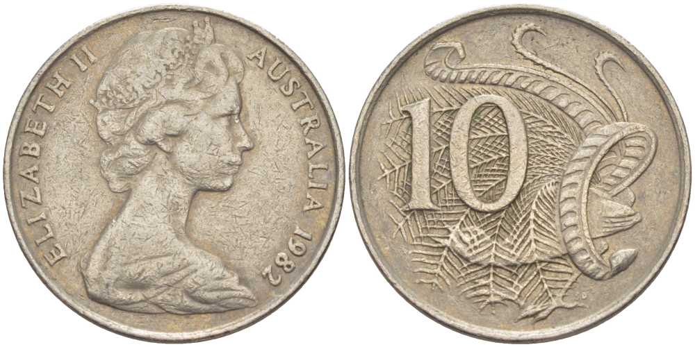 Австралия 10 центов 1982 Елизавета II (1952-2022), птица лирахвост KM 65 медно-никель 4622-325