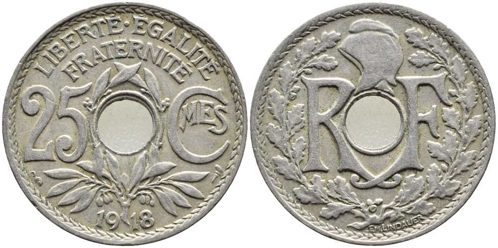 ФРАНЦИЯ 25 САНТИМОВ 1918 KM 867a медно-никель 83-351