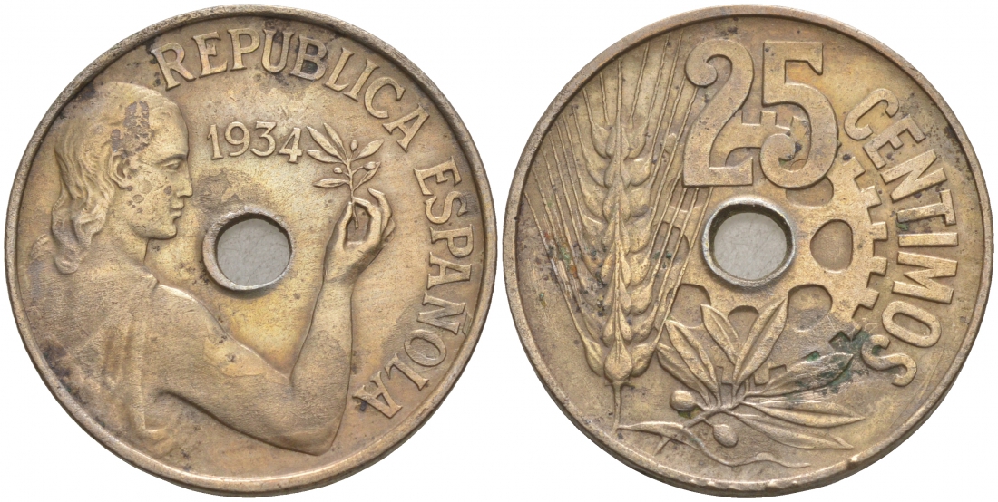 ИСПАНИЯ 25 СЕНТИМО 1934 KM 751 медно-никель 186-142