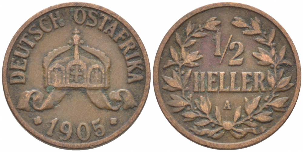 Немецкая Восточная Африка (Танзания) 1/2 геллера 1905 A, Ost-Africa Jaeger 715, KM 6 бронза 116-754