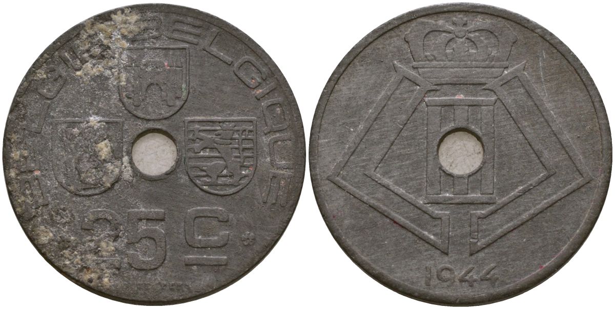 Бельгия 25 сантимов 1944 Король Леопольд III (1934 - 1947) KM 132 цинк 190-936