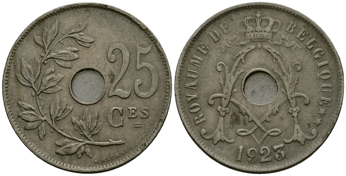 Бельгия 25 сантимов 1923 Belgique KM 68 медно-никель 4165-514