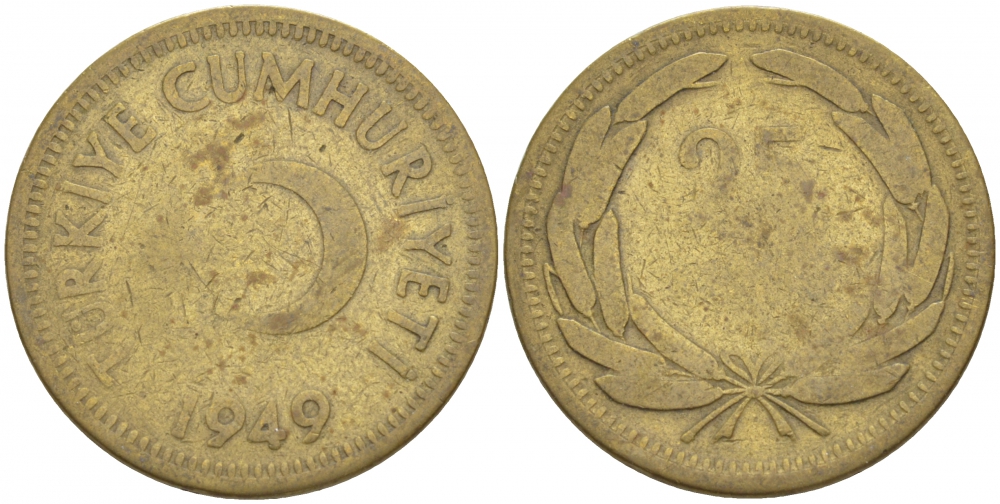 ТУРЦИЯ 25 КУРУШ 1949 KM 886 латунь 4529-1215