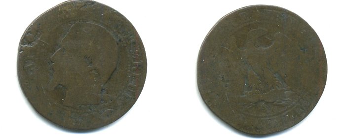 ФРАНЦИЯ 5 САНТИМОВ 1855 А, НАПОЛЕОН III (1852-1870) KM 777.1 бронза 37-713