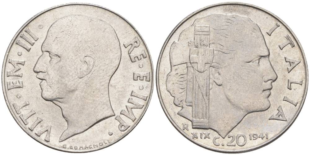 ИТАЛИЯ 20 ЧЕНТЕЗИМО 1941 R, ГОД XIX, ВИКТОР ЭММАНУИЛ III (1900-1946) KM 75b, VEM3. 1028 нержавеющая сталь 3853-1126