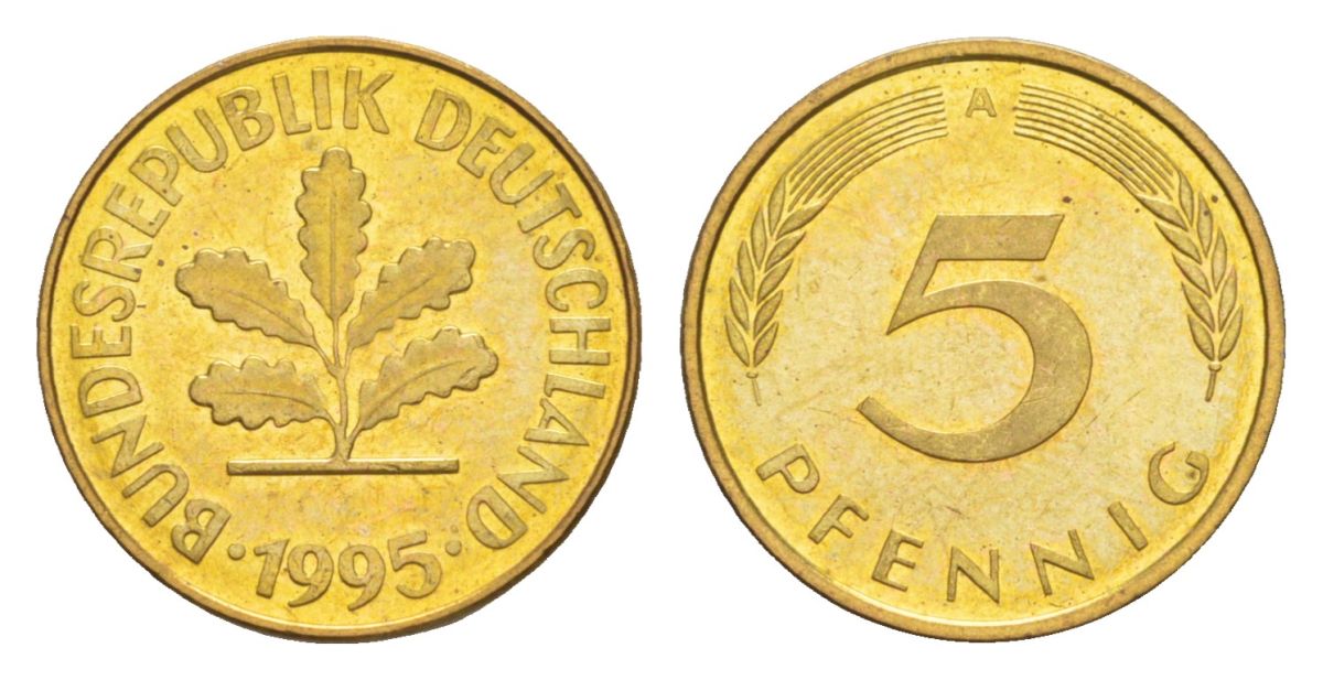 Германия 5 пфеннигов 1995 A KM 107, J. 382 сталь плакированная латунью UNC 4630-1254