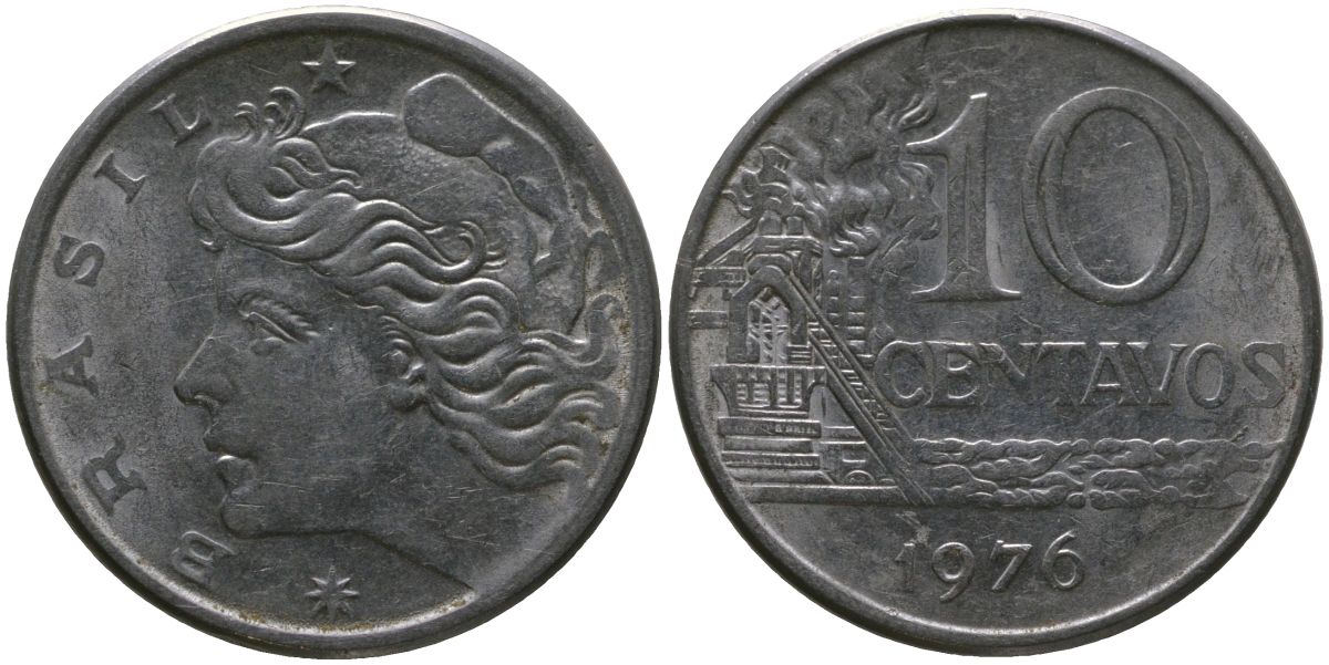 Бразилия 10 сентаво 1976 KM 578.1a, Schon 83b нержавеющая сталь 4577-1244