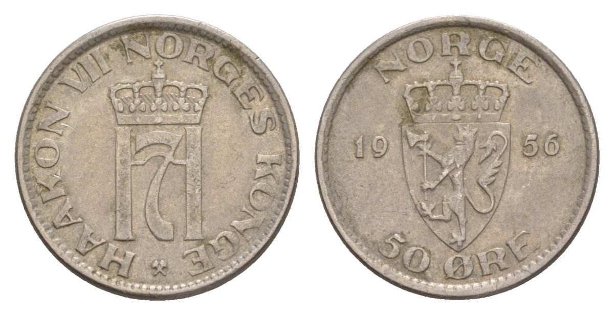Норвегия 50 эре 1956 Хокон VII (1905-1957) KM 402 медно-никель 4635-421