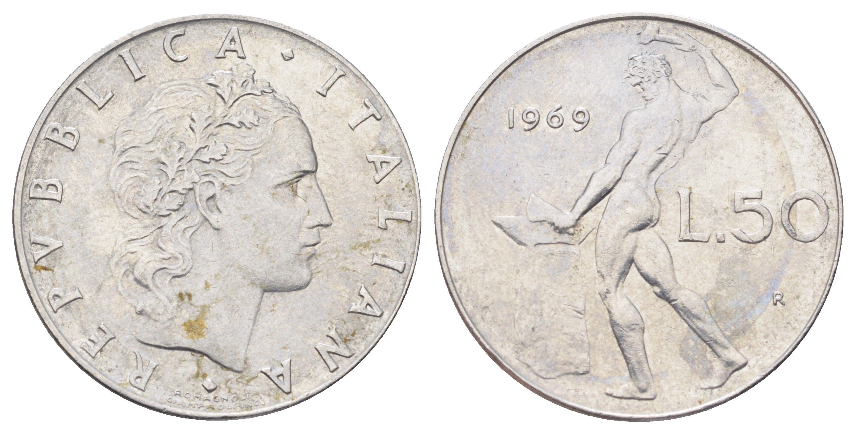 Италия 50 лир 1969 R, бог огня Вулкан у наковальни KM 95.1 нержавеющая сталь 3336-752