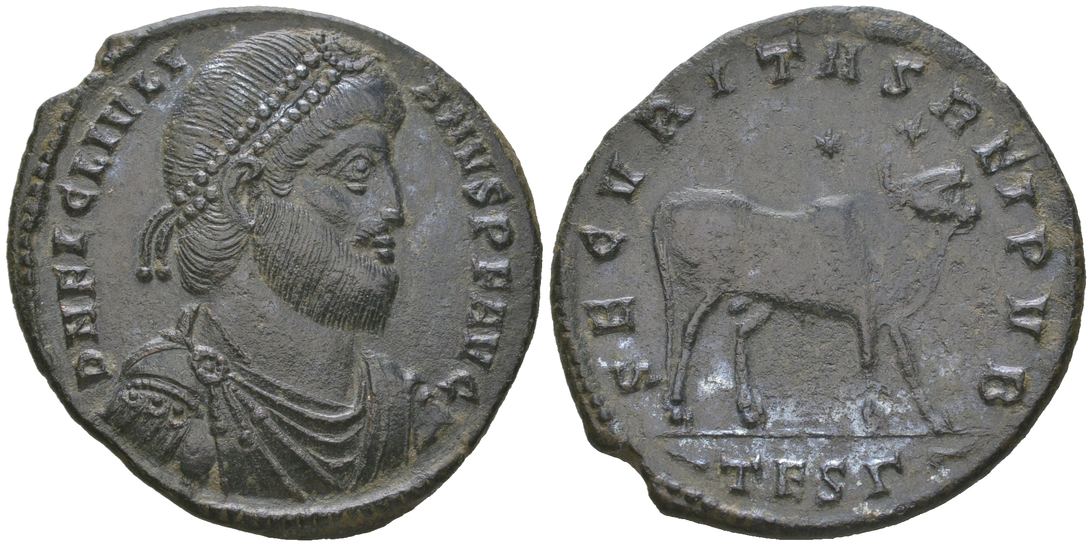 Римская Империя майорина 361-363 Юлиан II Отступник, D N FL CL IVLIANVS P F AVG, бюст императора/SECVRITAS REI PVB, бык, над ним две звезды, Фессалоника, about extremely fine (ex Mieke Zilverberg 2007) RIC 225 биллон 10-020-79