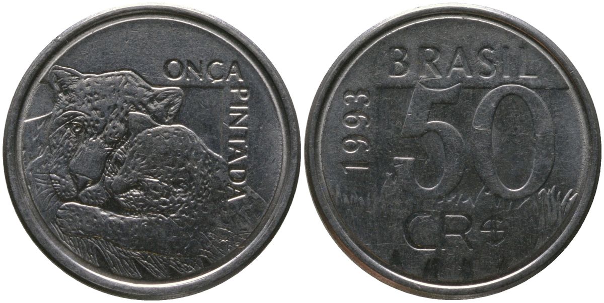 Бразилия 50 крузейро 1993 KM 629, Schon 138 нержавеющая сталь 4523-214
