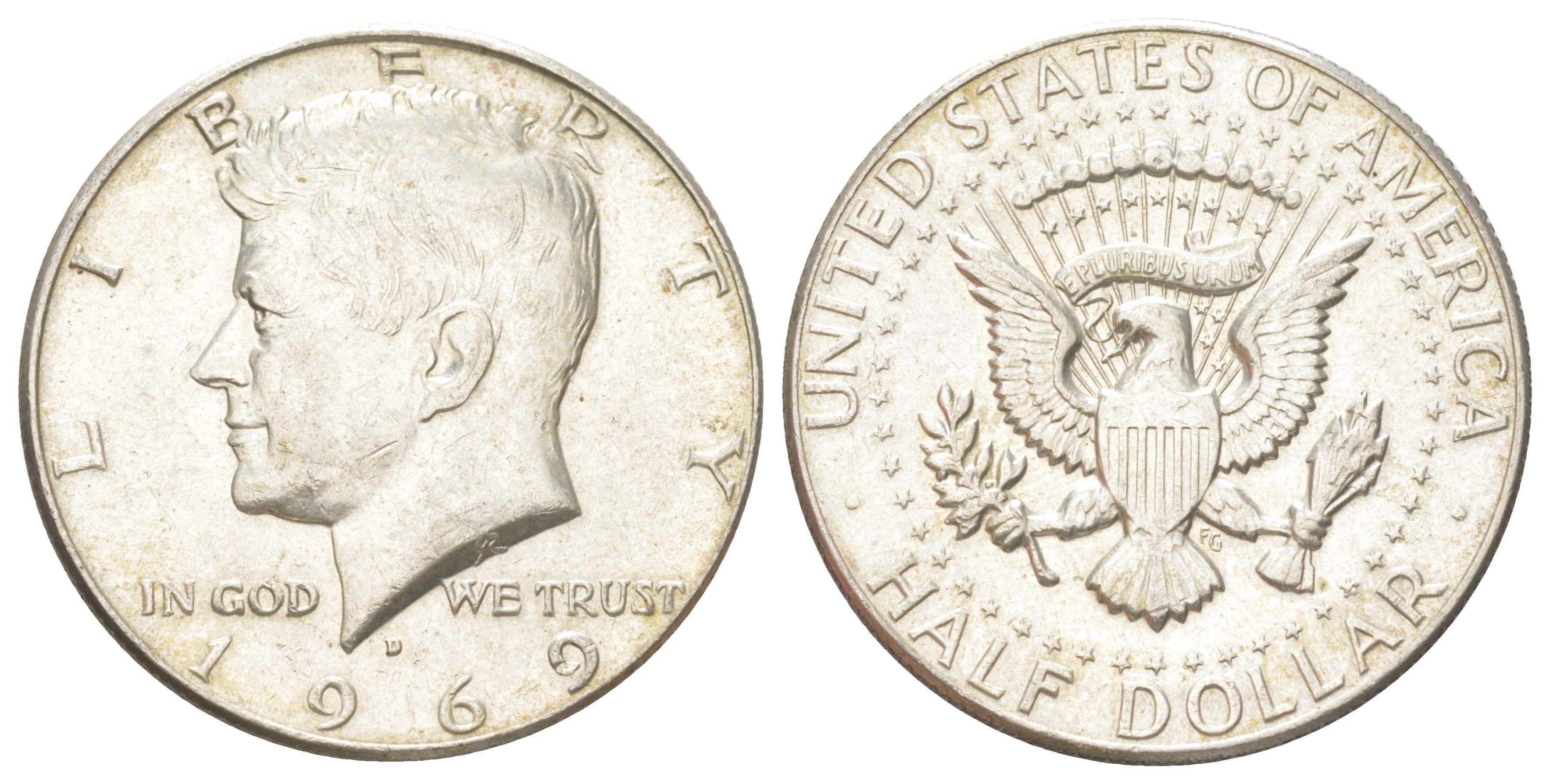 США 1/2 доллара (50 центов) 1969 D, Джон Кеннеди KM 202a серебро aUNC 4583-646