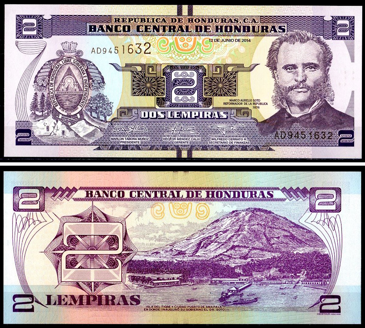 Гондурас 2 лемпира 2014 Pick 97 b бумага UNC (пресс) 402-53-2-1