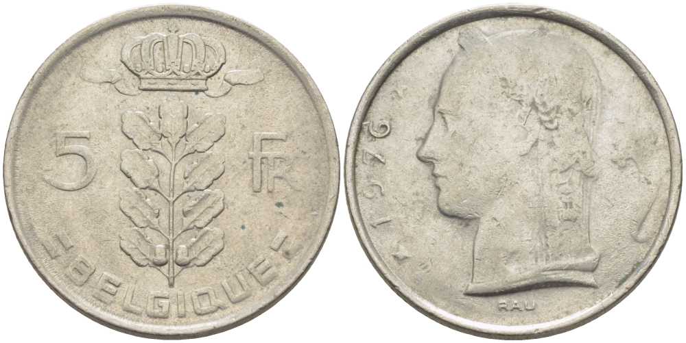 БЕЛЬГИЯ 5 ФРАНКОВ 1976 BELGIQUE, БОДУЭН I (1951-1993) KM 134.1 медно-никель 119-741