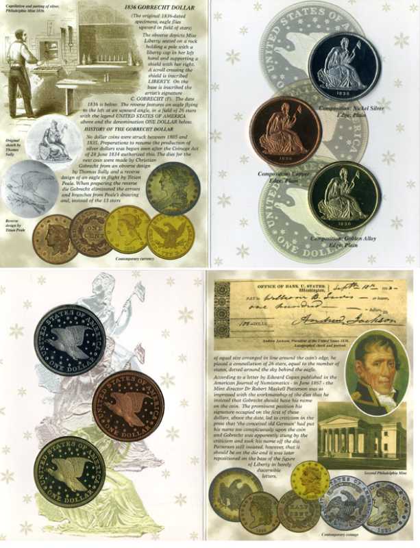 США НАБОР ИЗ ТРЕХ МОНЕТ 1836 РЕПЛИКА СЕРЕБРЯННОГО ДОЛЛАРА LIBERTY SEATED DESIGN, В ТРЕХ ИСПОЛНЕНИЯХ, СЕРЕБРЕНИЕ, ПОЗОЛОТА, МЕДЬ, ТИРАЖ 27500 ЭКЗ., В ОРИГИНАЛЬНОМ КАРТОННОМ БУКЛЕТЕ PROOF 00-00