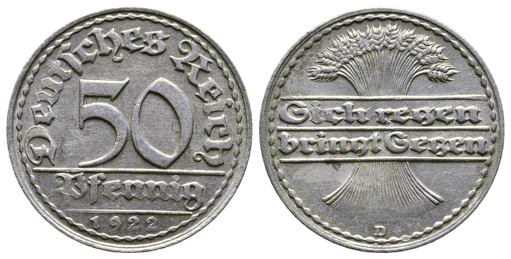 ГЕРМАНИЯ 50 ПФЕННИГОВ 1922 D KM 27, J. 301, Weege 10 алюминий 4380-915