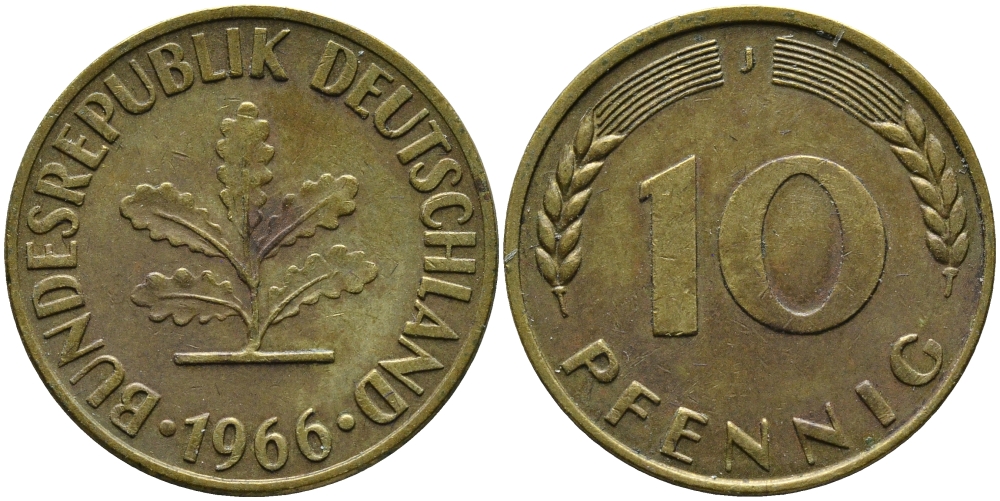 ФРГ 10 ПФЕННИГОВ 1966 J KM 108, J.383 сталь плакированная латунью 98-412
