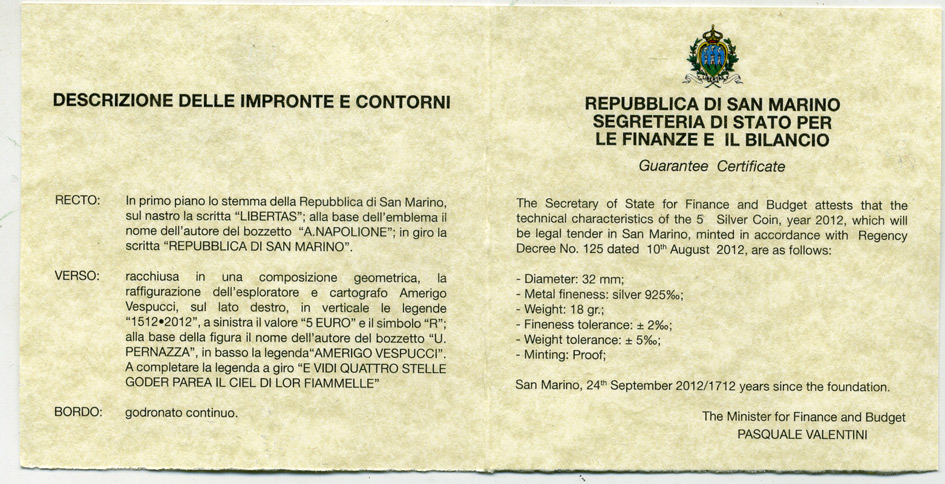 Сан-Марино 5 евро 2012 500 лет со дня смерти Америго Веспуччи, коробка, сертификат SM 160 серебро PROOF 2-5-2-6