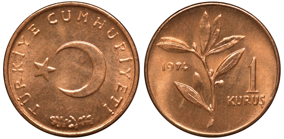 Турция 1 куруш 1974 KM 895a бронза UNC M51-12