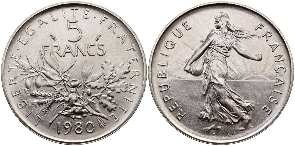 Франция 5 франков 1980 сеятель, тираж 60000 экземпляров KM 926a.1, LE FRANC 341.12 медно-никель плакированный никелем  UNC  1530-1411