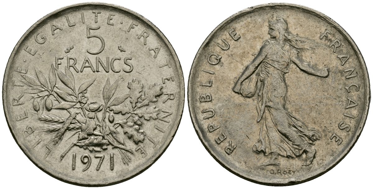 Франция 5 франков 1971 сеятель KM 926a.1, Le Franc 341.3 медно-никель плакированный никелем 4120-1116