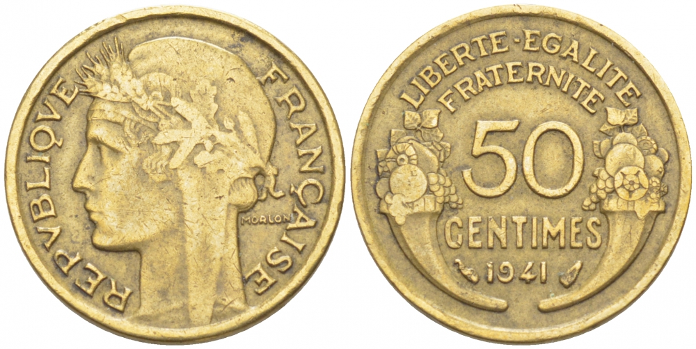 Франция 50 сантимов 1941 тип Морлон KM 894.1, Le Franc 192.18 алюминиевая бронза 3309-1036