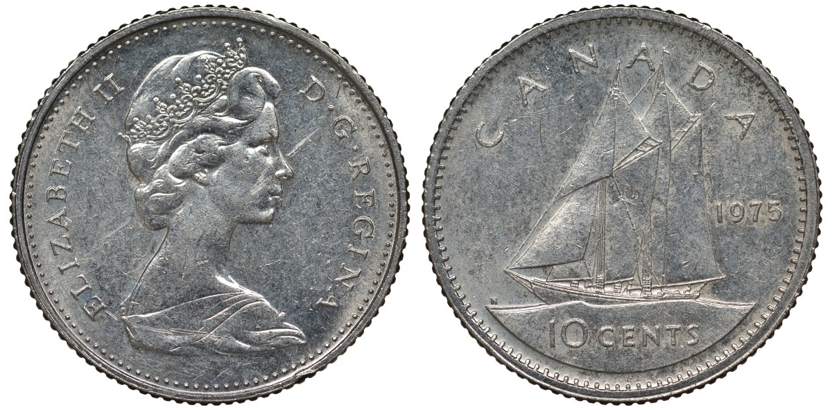 Канада 10 центов 1975 Елизавета II (1952-2022), парусник KM 77.1 никель 4124-515