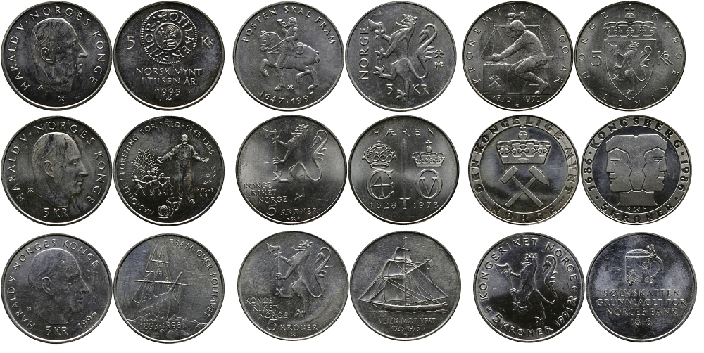НОРВЕГИЯ ЛОТ ИЗ 9 ЮБИЛЕЙНЫХ МОНЕТ ПО 5 КРОН 1975-1997 KM 421, 422, 423, 428, 430, 456, 458, 459, 461 медно-никель UNC M47-01