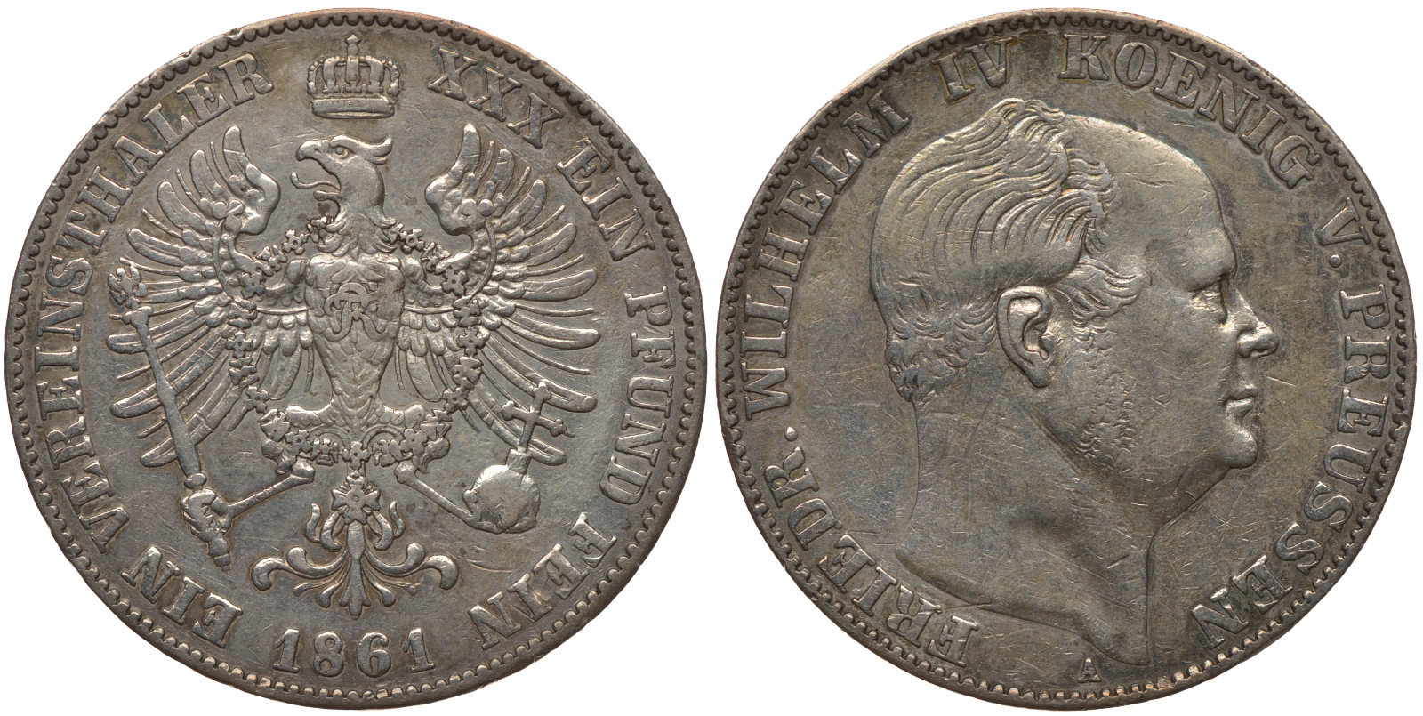 Пруссия 1 талер 1861 A, Фридрих Вильгельм IV (1840-1861) Jaeger 84, Thun 262, AKS 78, Kahnt 379 серебро 00-000-00