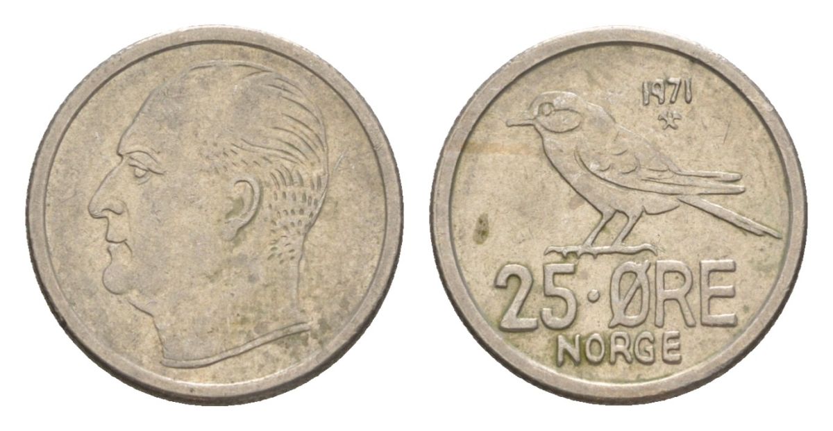 Норвегия 25 эре 1971 Улаф V (1957-1991) KM 407 медно-никель 4632-1244