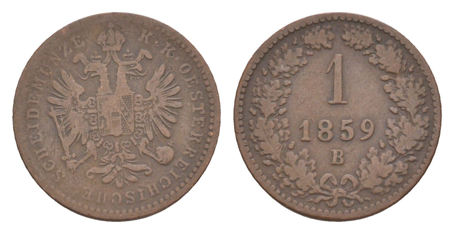 Австрия 1 крейцер 1859 B, Франц Иосиф I (1848-1916) KM 2186 медь 4639-168