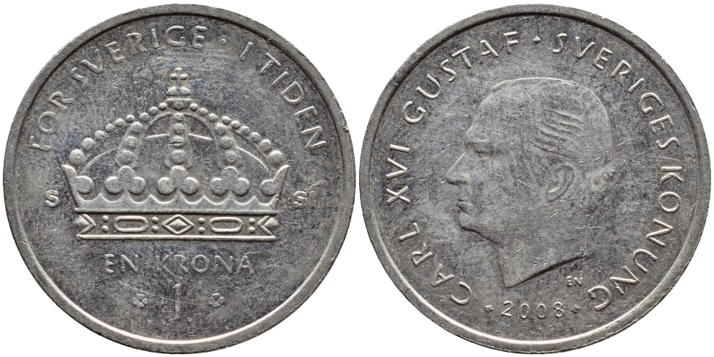 Швеция 1 крона 2008 Карл XVI Густав (1973- ) KM 894 медно-никель 4610-256